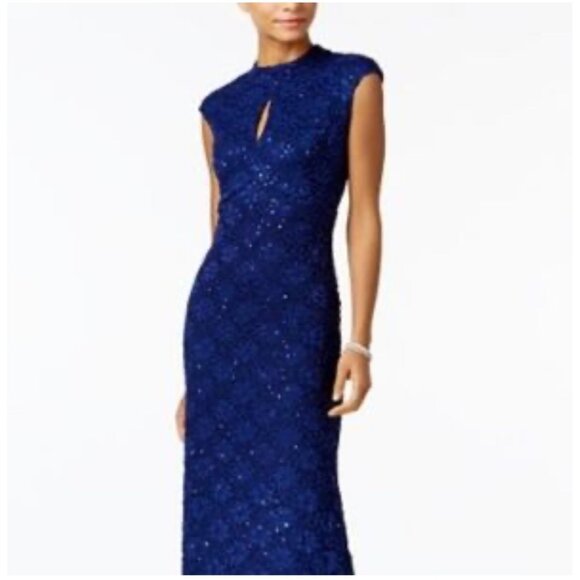 Connected Apparel Navy Blue Lace MOB Formal Evening Gown Maxi Dress Size 16 - Picture 1 of 9